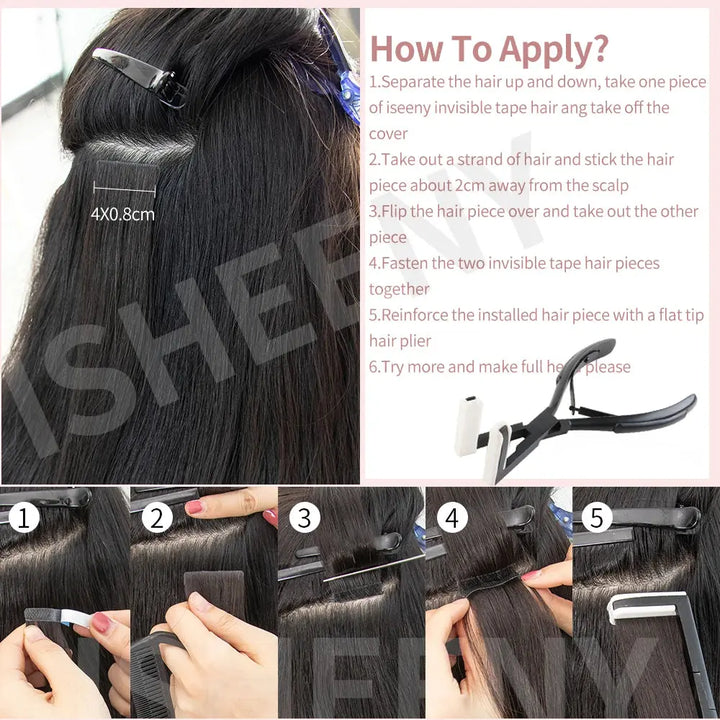 Isheeny Invisible Tape In Hair Extensions 12" 16" 20" 22" Skin Weft Tape Ins 10pcs Natural Straight Machine Made Remy Human Hair - BEAUTIRON