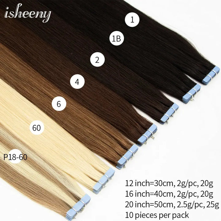 Isheeny Invisible Tape In Hair Extensions 12" 16" 20" 22" Skin Weft Tape Ins 10pcs Natural Straight Machine Made Remy Human Hair - BEAUTIRON