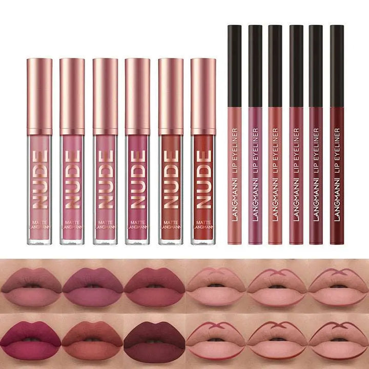 Waterproof and long-lasting lip beauty in 12 shades. Elevate your lip game with our Matte Lip Liner & Lipstick Set.